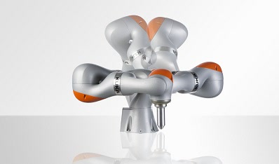KUKA LBR iiwa sensitive robot arm on a plain background
