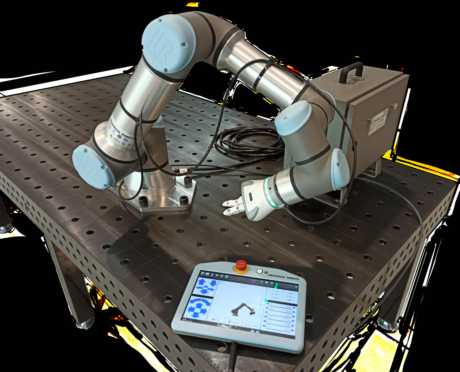 Universal Robots UR16e cobot arm with its controller and teach pendant